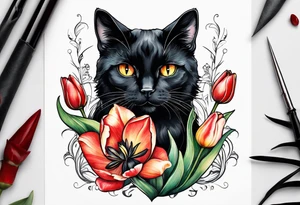 Tulips and black cat tattoo idea