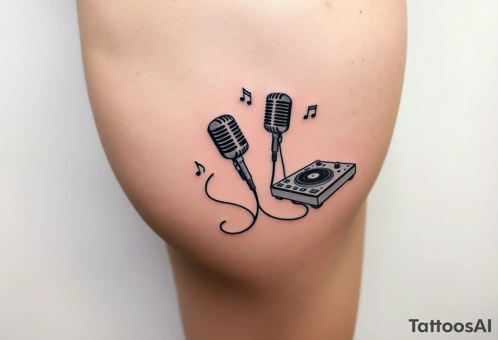 Microphone turntables and music notes on a woman's thigh tattoo idea