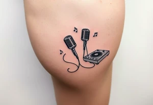 Microphone turntables and music notes on a woman's thigh tattoo idea