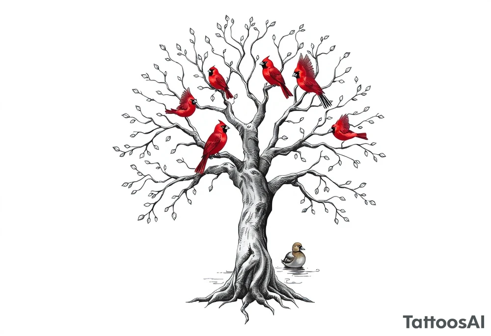 Tree of life with five flying birds two red cardinals sitting on the tree and a duck in a pond tattoo idea