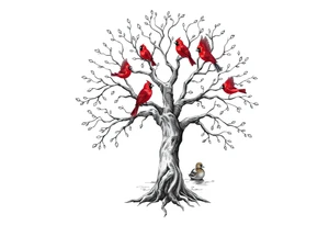 Tree of life with five flying birds two red cardinals sitting on the tree and a duck in a pond tattoo idea