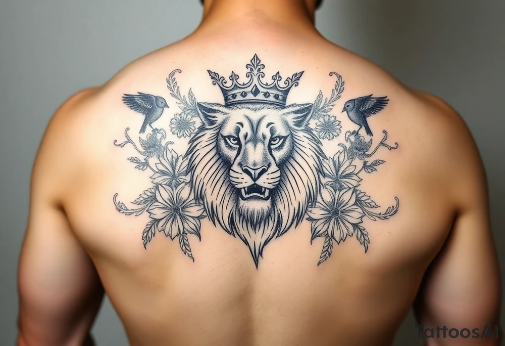 powerful majestic lion with a crown, surrounded by floral ornaments and birds tattoo idea