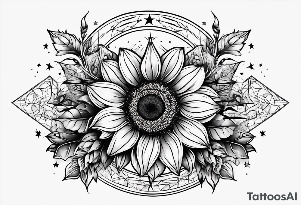 elegant tattoo design with sunflower surrounded by circle of little stars and arrow tattoo idea