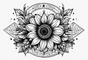 elegant tattoo design with sunflower surrounded by circle of little stars and arrow tattoo idea
