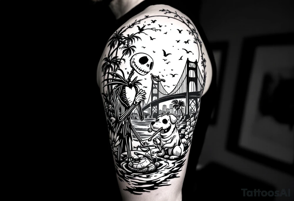 jack skellington with dog,smoking a blunt and fishing,surrounded by city buildings,golden gate bridge, birds, palm trees, tattoo idea