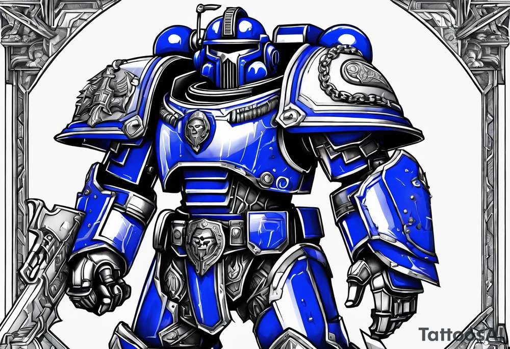 Warhammer 40000 ultramarine power armor with chain sword and bolt pistol tattoo idea