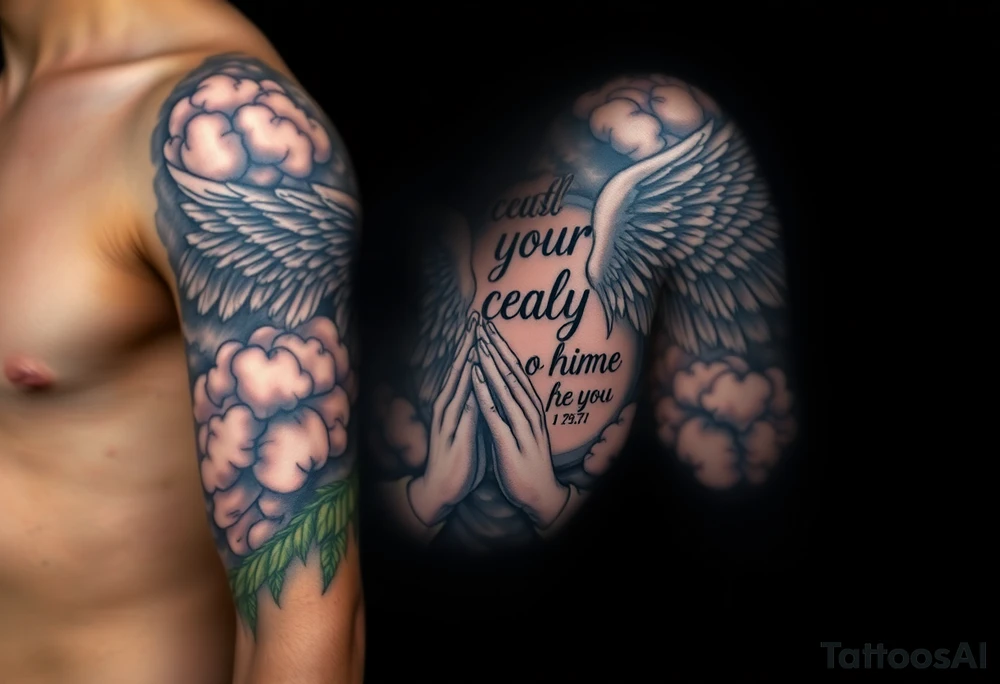 cast all your anxiety on him because he cares for you"  1 peter 5:7 surrounded with clouds and angels and praying hands tattoo idea