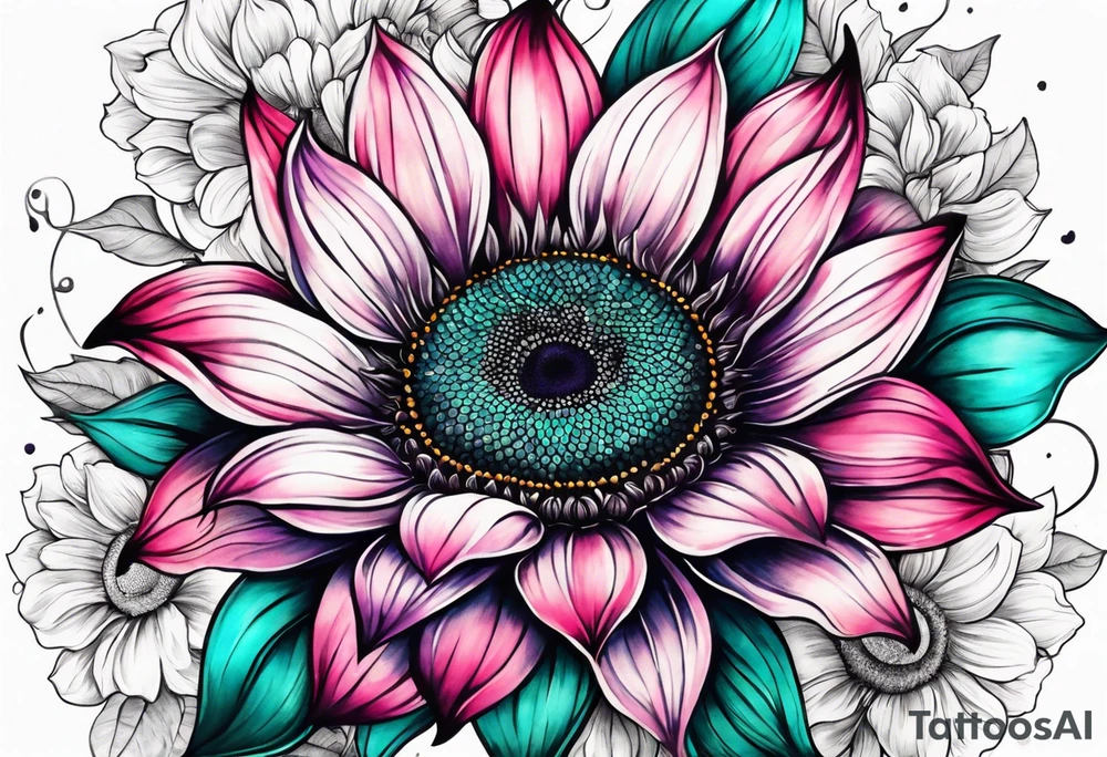 Teal, pink and purple sunflower sleeve tattoo idea