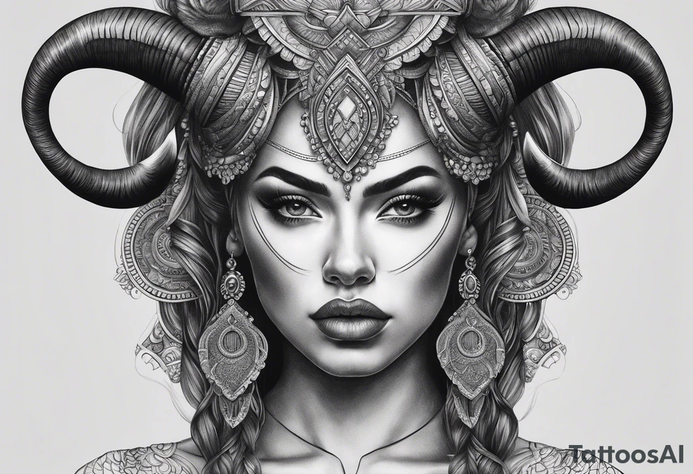 symmetrical woman head with curved horns facing downwards dark realism looking front facing view, ultra-detailed, high quality, high sharpness, hyper-realism, hyper-details, hyper-photorealistic, hyper-realistic tattoo idea