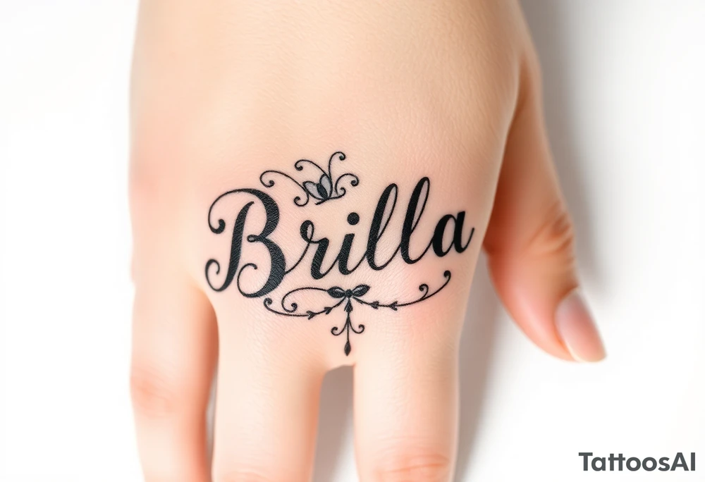 "Briella" in old English style on hand along thumb tattoo idea