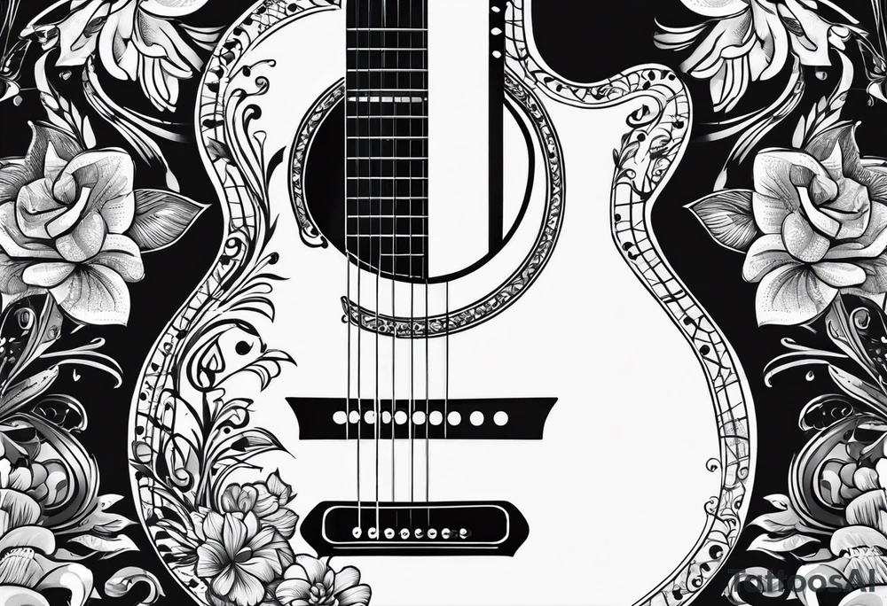 A minimalist guitar design, small in size, with clean lines and vintage detailing. The guitar represents a deep connection to music, with a classic, understated design that captures its essence without embellishments. tattoo idea