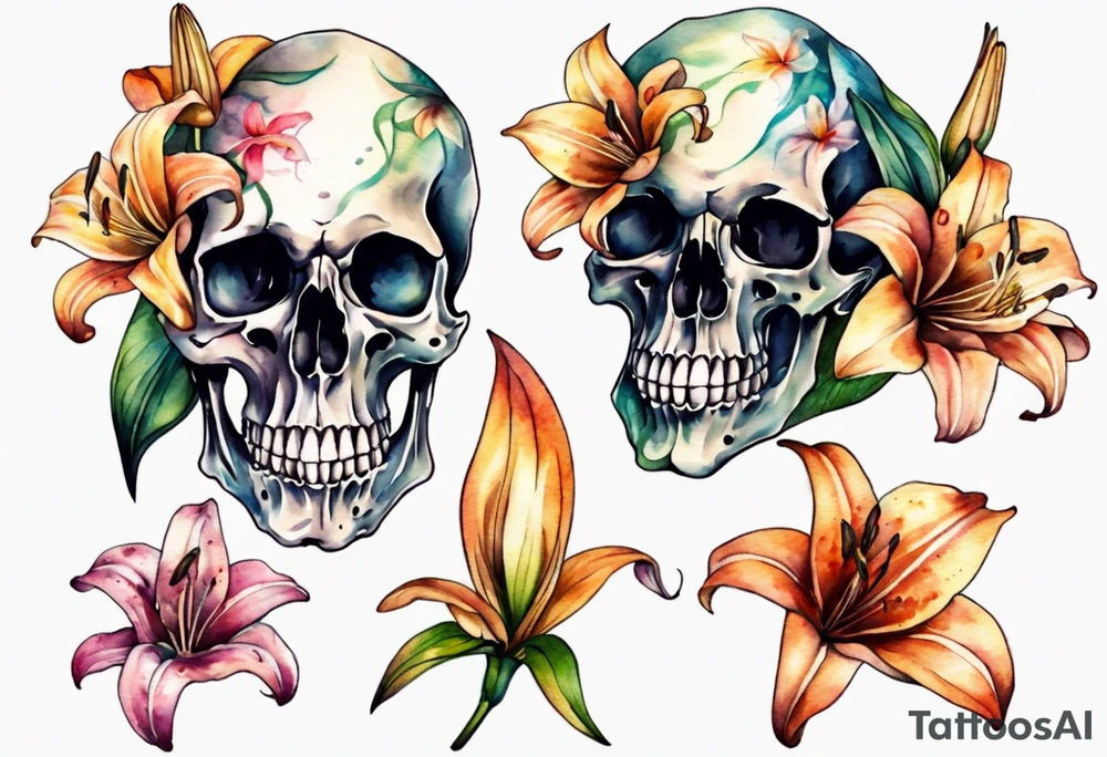 Skull and lilies tattoo idea