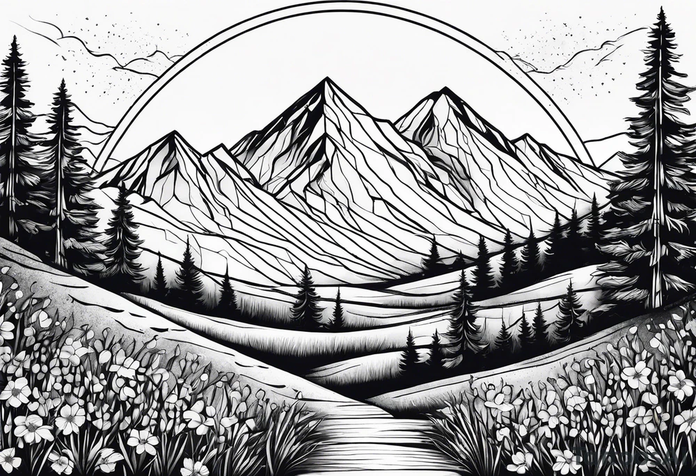 small, mountains, sun, wildflowers tattoo idea