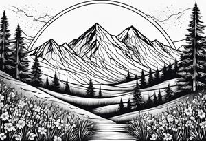 small, mountains, sun, wildflowers tattoo idea