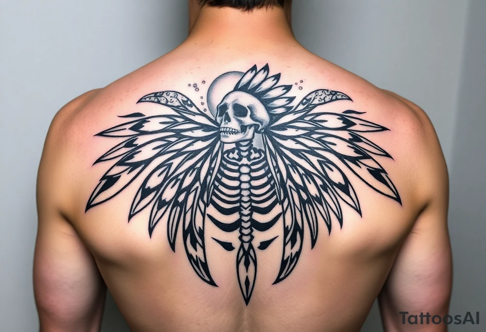 Traditional cherokee chief skeleton with spirit animals in the sky and moon and hazy clouds in the backdrop on shoulder tattoo idea