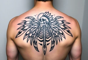 Traditional cherokee chief skeleton with spirit animals in the sky and moon and hazy clouds in the backdrop on shoulder tattoo idea