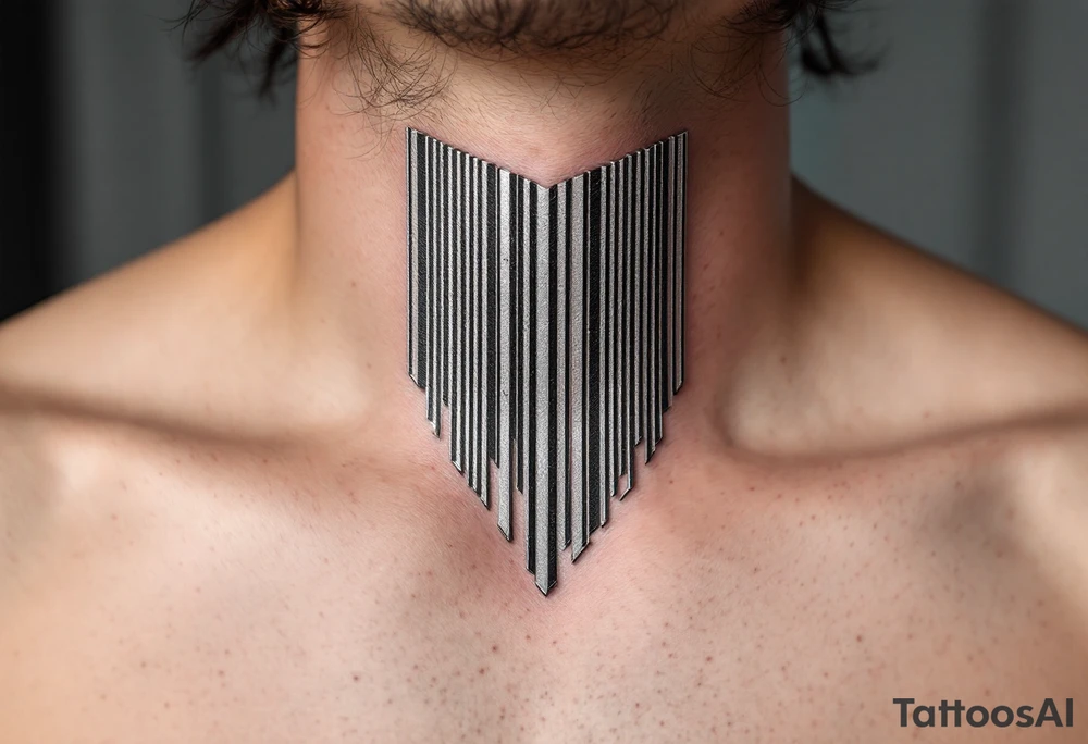 A metallic silver and black barcode with a 3D effect, creating the illusion of depth and a futuristic digital feel. tattoo idea