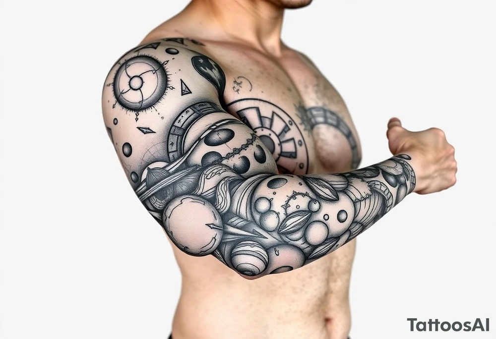 outer space, planets, geometric patterns, string theory tattoo idea