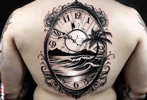A balck tattoo for my shoulder with time and a date for my so 25.05.16 and a wave of beach about life tattoo idea