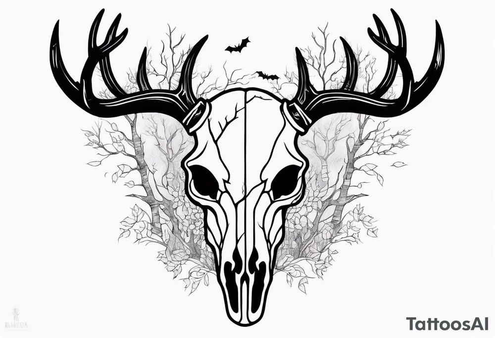 Halloween side view of a DECAYING deer skull JUST BONE surrounded by a forest fire in background tattoo idea