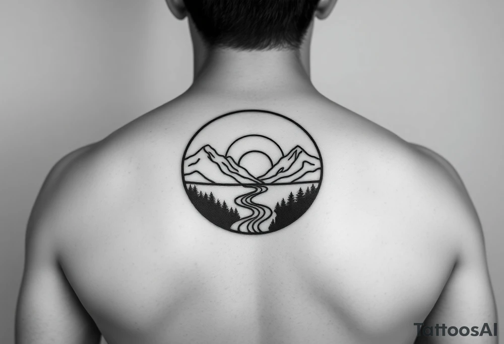mountains. river and sunrise, let it all be inside one circle. draw a line and divide the circle into two parts, let one part be like day and the other part like night tattoo idea