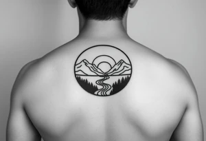 mountains. river and sunrise, let it all be inside one circle. draw a line and divide the circle into two parts, let one part be like day and the other part like night tattoo idea