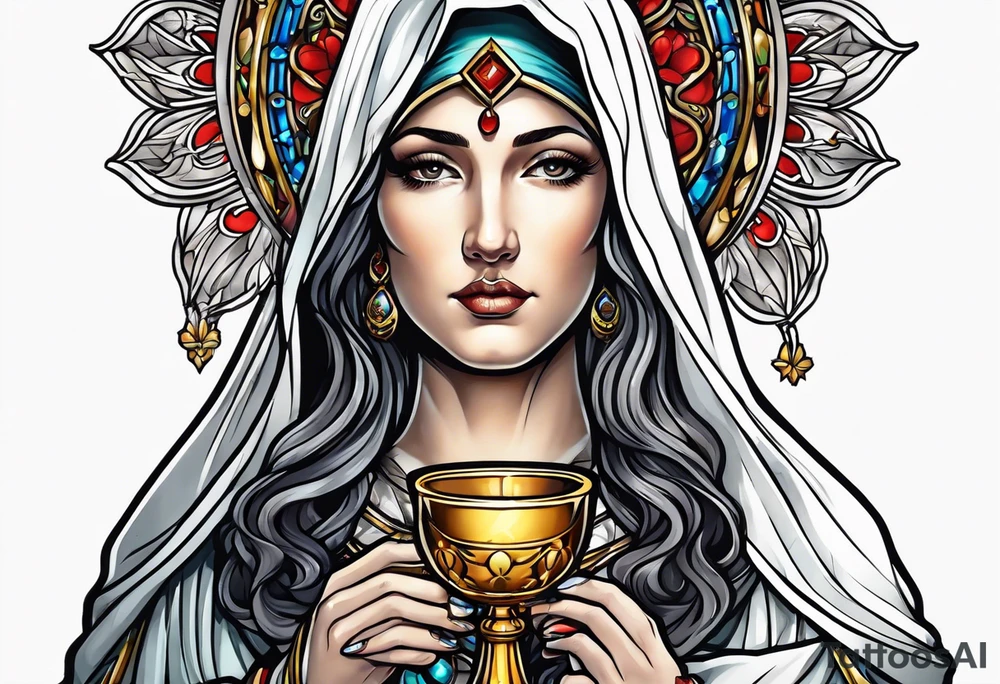 holy saint woman with halo holding a chalice tattoo idea