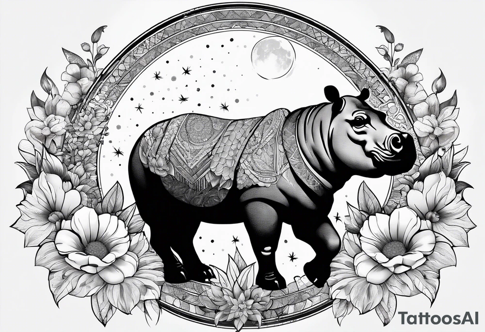 Hippo, flowers, moon, fine lines, tribal, geometric tattoo idea