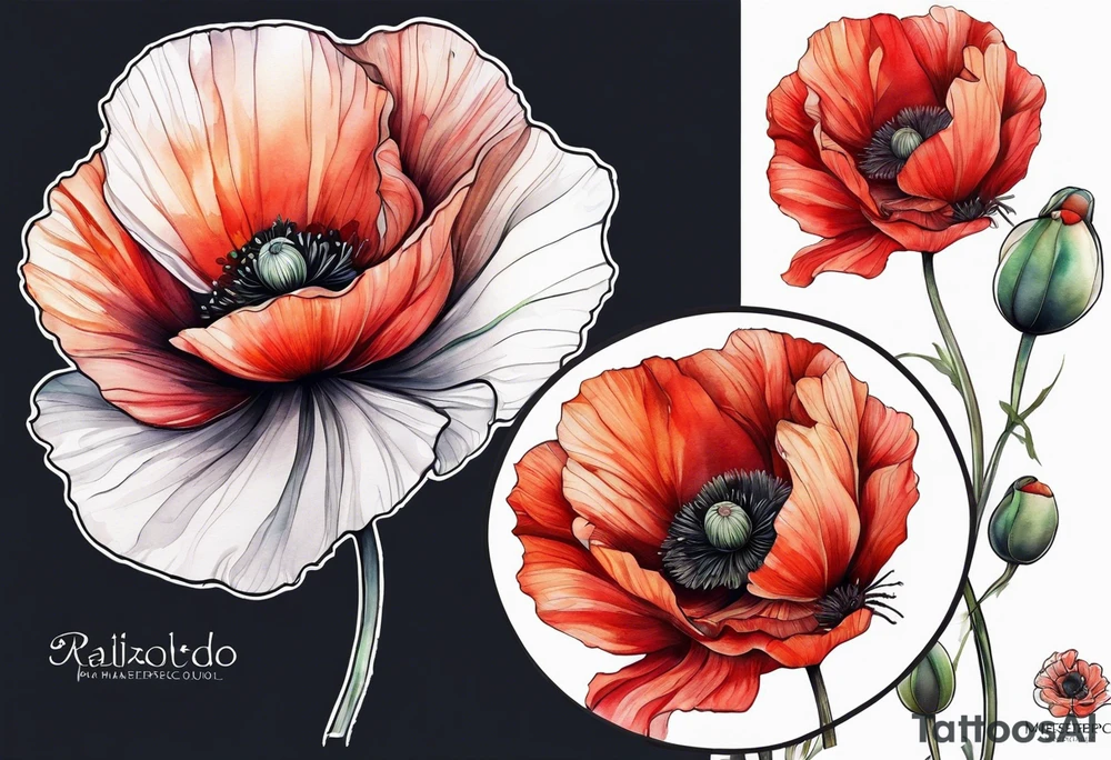 Long poppy flower tattoo, no outline tattoo idea