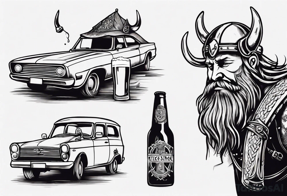 A Viking drinking a beer next to a car tattoo idea