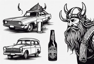 A Viking drinking a beer next to a car tattoo idea