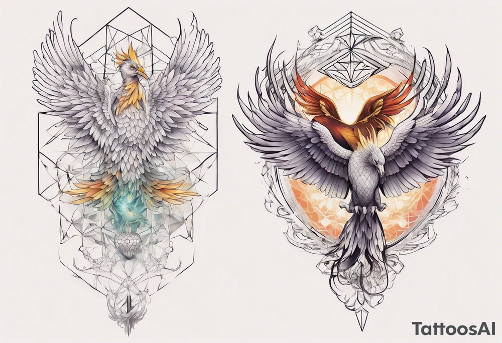 Sleeve for woman's arm sacred geometry Metatron's cube with phoenix tattoo idea
