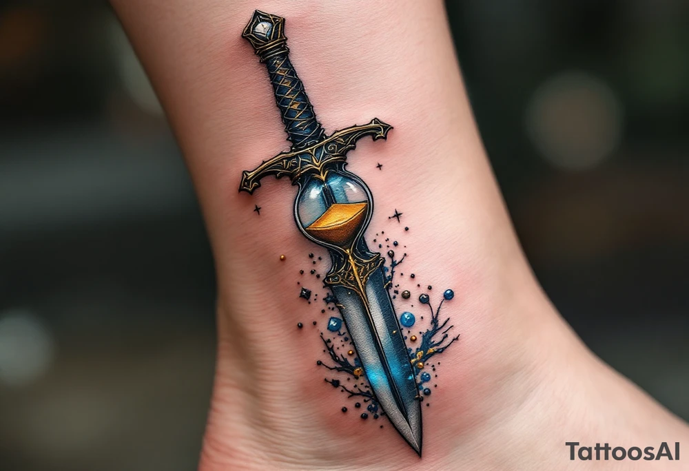 Dagger with Hourglass – A dagger piercing through an hourglass filled with golden sand, symbolizing the passage of time. The blade is dark silver with intricate engravings, while the hourglass frame is rich bronze with glassy blue highlights. tattoo idea
