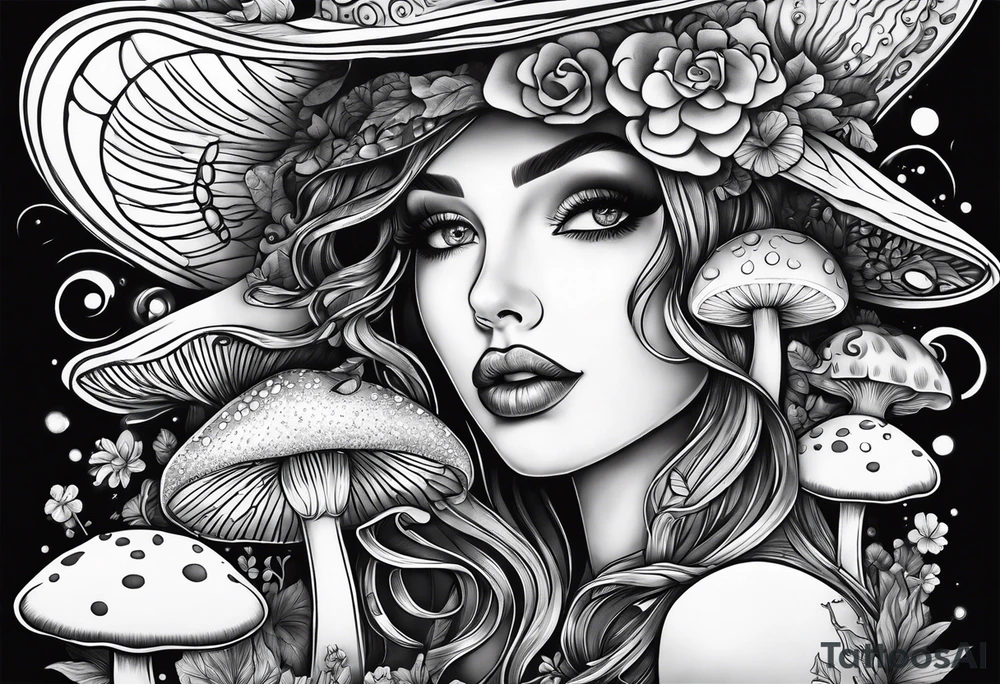 tattoo sleeve girl tongue mushrooms tattoo idea