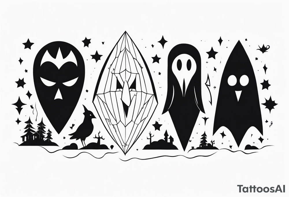 Haunted spooky characters, negative space tattoo idea