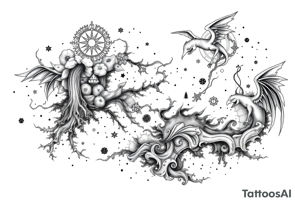 Surreal black and white tattoo concept for the left arm and back. The design should flow like a river or mist, forming a dreamlike mural. Hidden within the flowing patterns are subtle elements from Naruto and One Piece (Itachi, Sharingan, Luffy, Zoro), Norse and Greek mythology (Odin, runes, Athena), nature (roots, water, wind, trees), and angelic forms. Seamlessly woven into the background are the three gargoyle characters from Disney’s Hunchback of Notre Dame. The layout must feel organic, with smooth transitions and soft shading. Leave areas of skin visible to create depth. Avoid clearly outlined characters – they should blend into the composition like illusions tattoo idea
