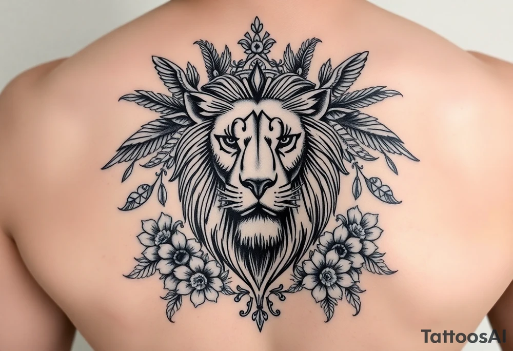 powerful majestic lion with a crown, surrounded by floral ornaments and birds tattoo idea