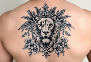 powerful majestic lion with a crown, surrounded by floral ornaments and birds tattoo idea