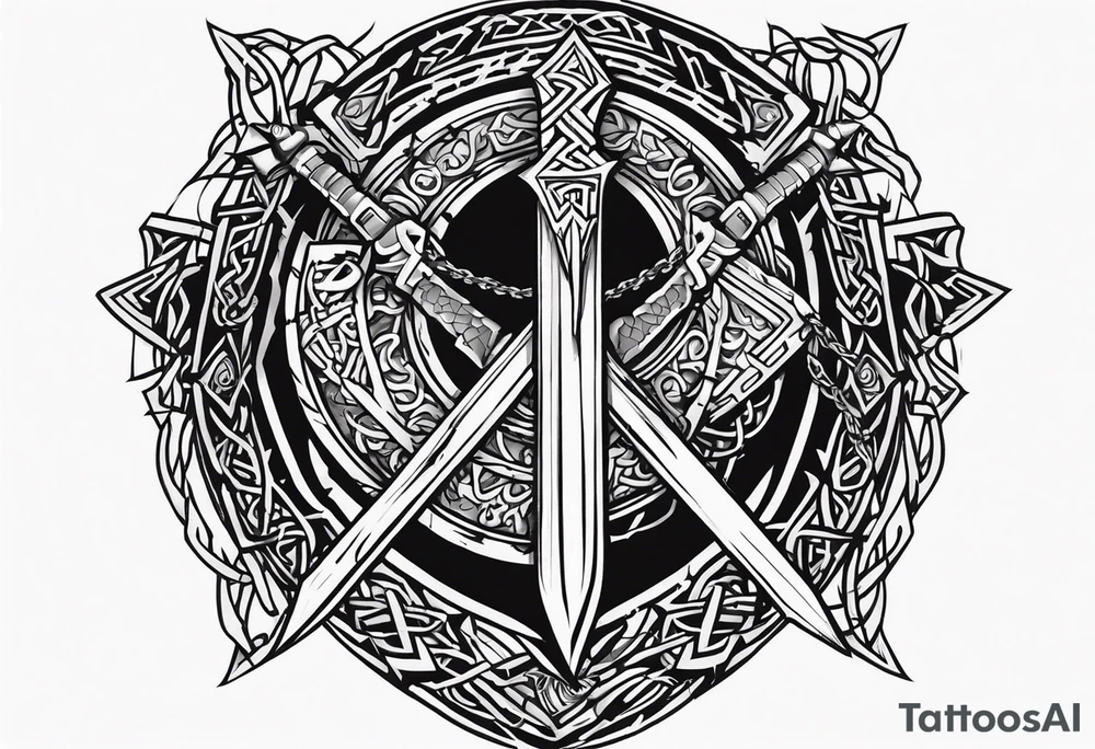 Valhalla sword shield dragon axe Valknut barbed wire chains tribal tattoo idea Valhalla sword shield dragon axe Valknut barbed wire chains tribal tattoo idea