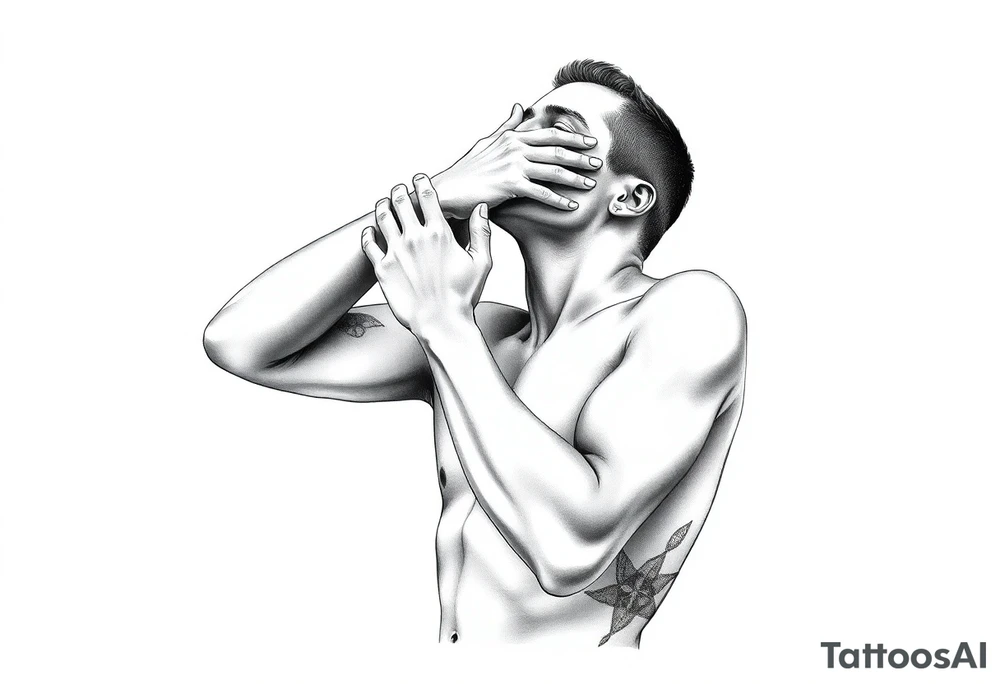 a naked man covering his eyes and mouth and looking up the sky tattoo idea