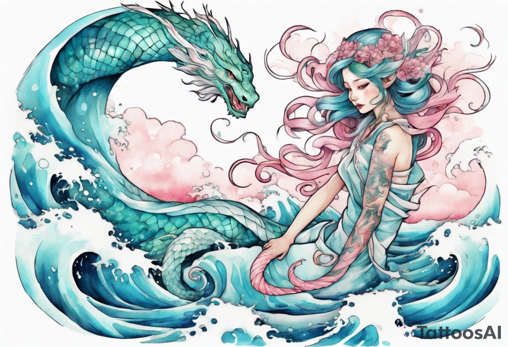 a beautiful turquoise and white and pink fairy serpent rising from the blue waves of the ocean tattoo idea