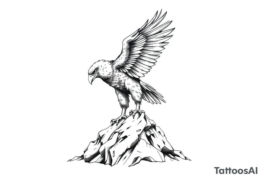 an eagle stands on a rock, landscape. tattoo idea