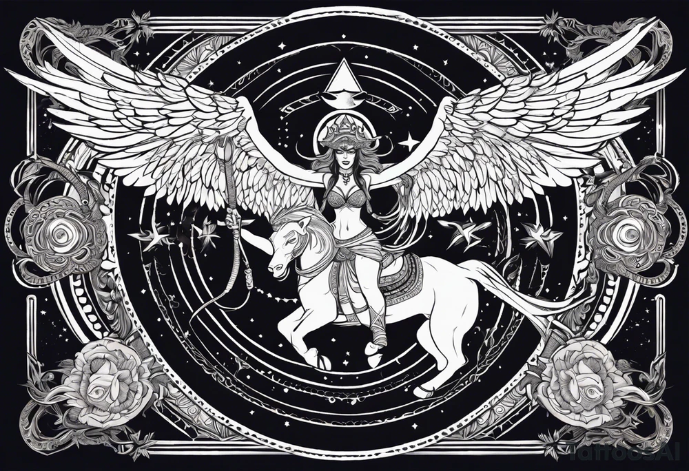 black kali, goddess pirate, alien, angel, pachamama, valkrye, warrior, flying, skull, lotus azul, wing, eagle, zenza resonance, stars, 5D, anahata chakra, death, durga, riding on a tiger, flying lady tattoo idea