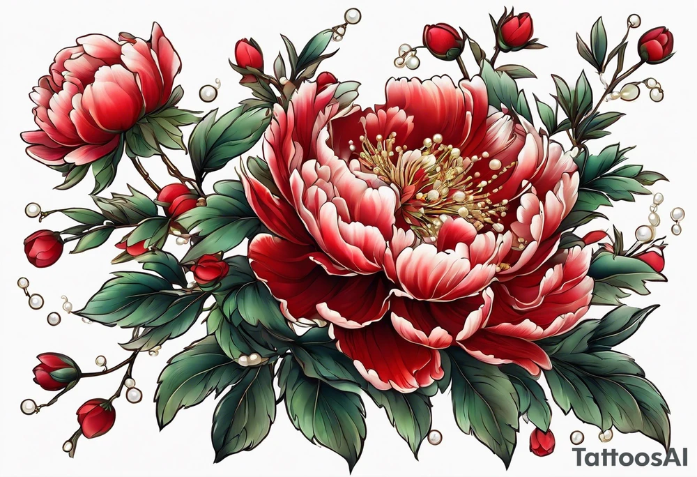 Red peony with pearls and bunny dangling tattoo idea