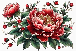 Red peony with pearls and bunny dangling tattoo idea