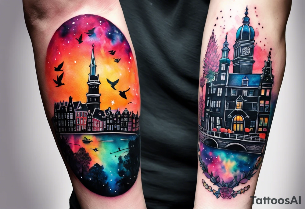 Arm tattoo, Animals, birds, stag, fox, watercolour of animals made from glass in Amsterdam featuring Amsterdam buildings and Amsterdam canal in galaxy colours featuring pineapples as space colours, galaxy colours, night sky, pineapples tattoo idea