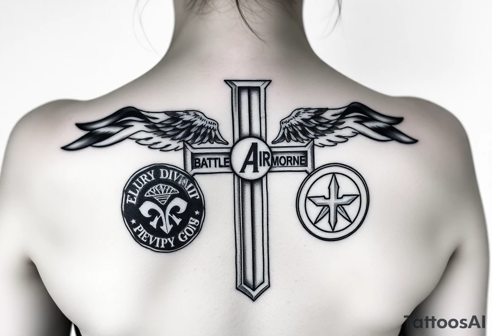 of soldiers battle 
cross with 82nd airborne division and first cavalry division unit patches tribute
 to your dad tattoo idea
