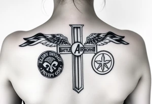 of soldiers battle 
cross with 82nd airborne division and first cavalry division unit patches tribute
 to your dad tattoo idea