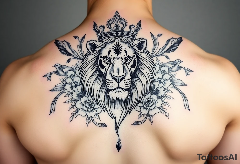 powerful majestic lion with a crown, surrounded by floral ornaments and birds tattoo idea
