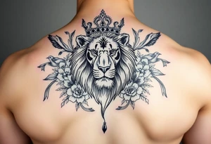 powerful majestic lion with a crown, surrounded by floral ornaments and birds tattoo idea